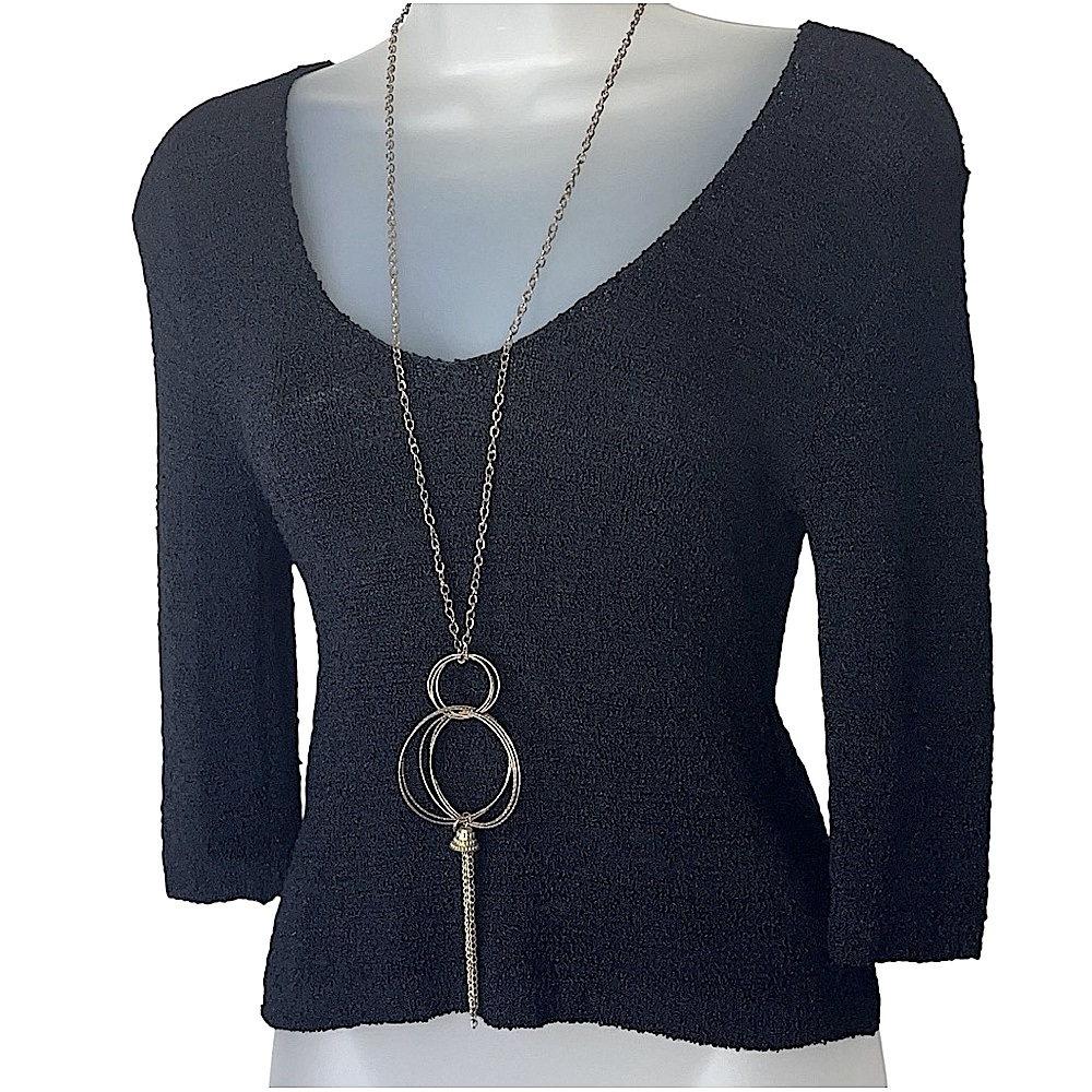Y2K Bette Paige Black Scoop V Neck Quarter Sleeve Textured Thick Knit Top M